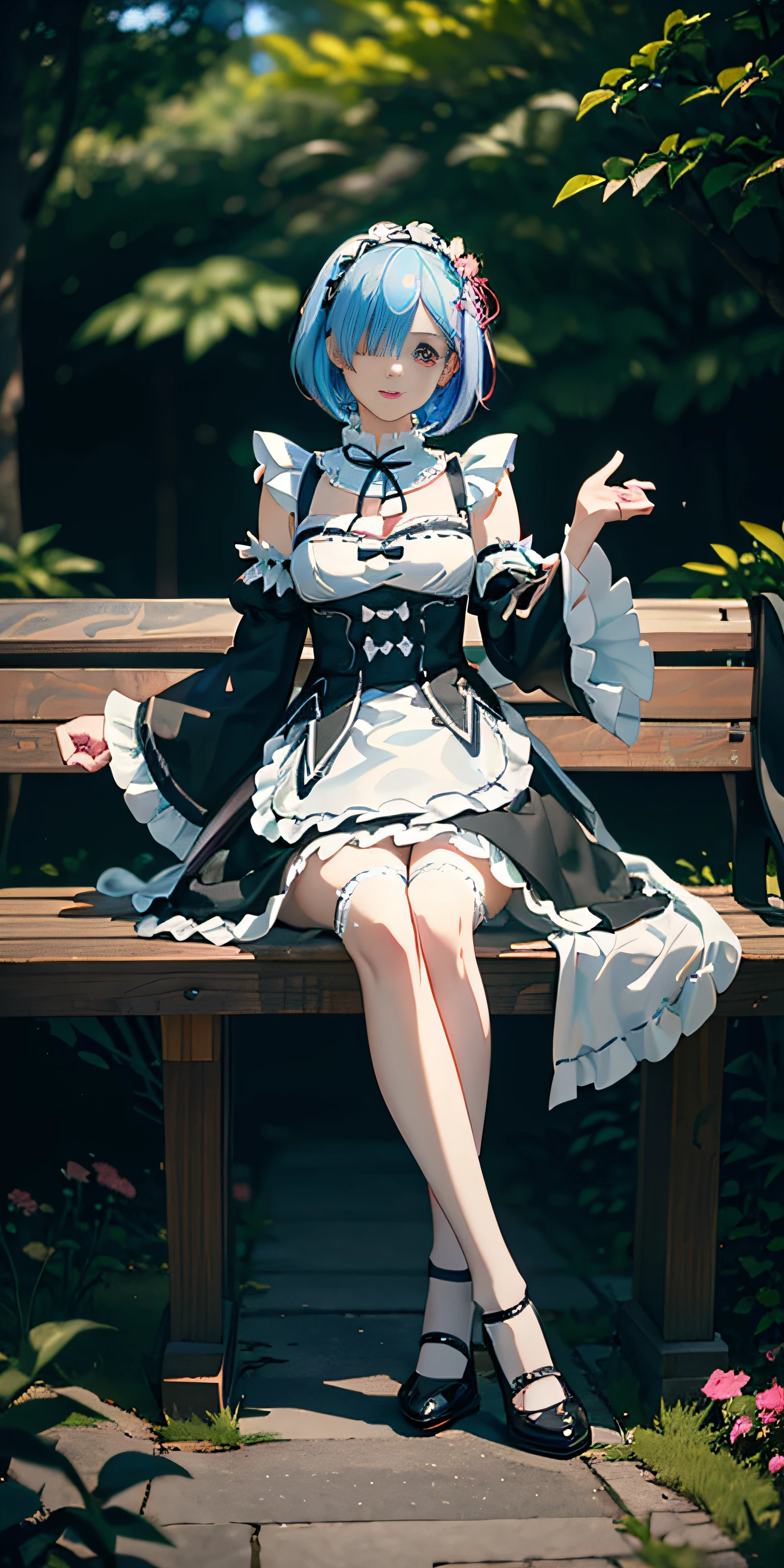 ram, 1girl in,(Beautiful face:1.25) short pink hair, Red eyes, Hair over one eye, Hair Ornament, blue hair ribbon, Ram's Maid Outfit, Detached sleeves, White lace legwear, Black shoes, (Realistic:1.7),((Best Quality)),absurderes,(超A high resolution),(Photorealistic:1.6),Photorealistic,Octane Render,(hyper realisitic:1.2), (Photorealistic face:1.2), (8K), (4K), (masutepiece),(Realistic skin texture), (Illustration, Cinematic lighting,Wallpaper),( Beautiful eyes:1.2),((((Perfect face)))),(Cute),(Standing),((Looking at Viewer)),(Dynamic Pose:1.3), Full body, sitting in a bench, Outdoors, Park, lawn, Flowers, paths, castle, lake, station