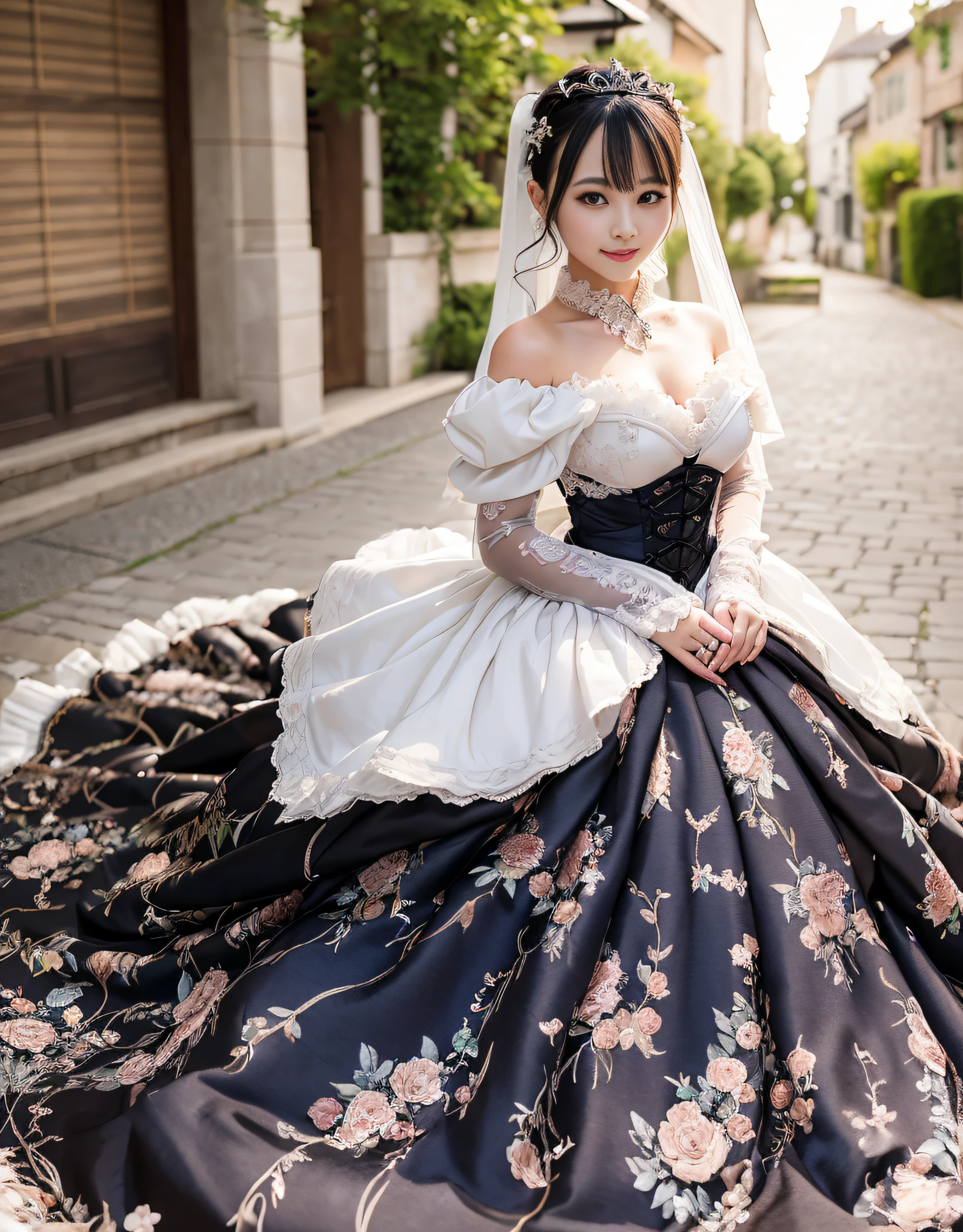 Japan woman with black hair、Unity 8k Wallpapers、ultra-detailliert、Beautiful body、Beautiful fece、​masterpiece、top-quality、The soft, Warm atmosphere, The warm, romantic, Blissful, literary, art by, lo fashion、In the street、ornamented, with an intricate, Ironwork, White lace,Satin fabric、off shoulders、 Tucking skirt、Tiered skirt、(Overskirt)、weddingdress, (Princess Line)、dress with ruffles、 emotional depth, Supernatural, Lovely smile,Perfect fingertip、(portrait of a full body)，perfect hand、Feminine sexy pose