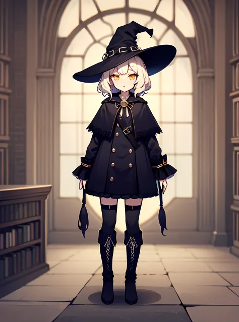 White hair, bangs, yellow eyes, witch, witch hat, fantasy, fantasy style, black robe, Victorian clothes, aristocratic clothes, l...