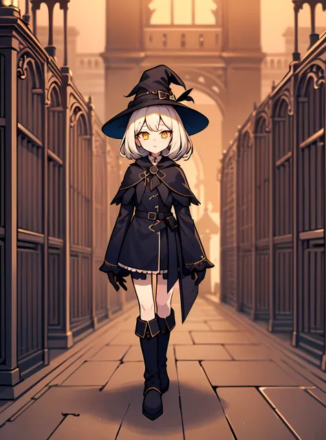 White hair, bangs, yellow eyes, witch, witch hat, fantasy, fantasy style, black robe, Victorian clothes, aristocratic clothes, l...