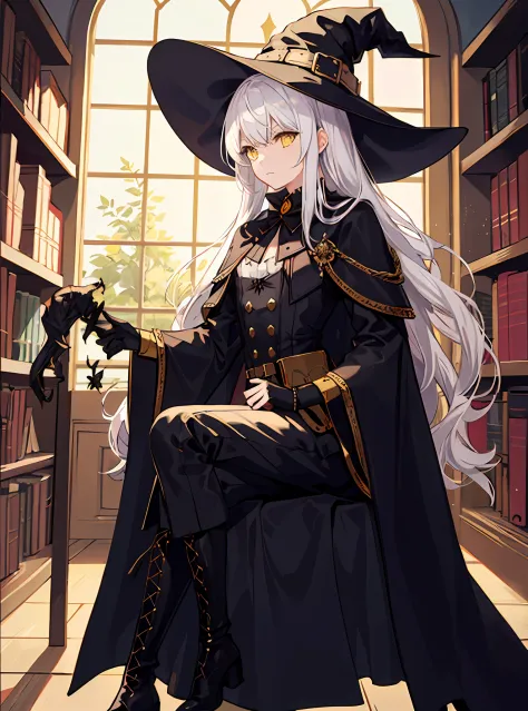 (((Solo))), White hair, bangs, yellow eyes, witch, witch hat, fantasy, fantasy style, black robe, Victorian clothes, aristocratic clothes, long leather boots, black tights, jabot, library, lace cuffs, black elements of clothing, red elements of clothing, w...
