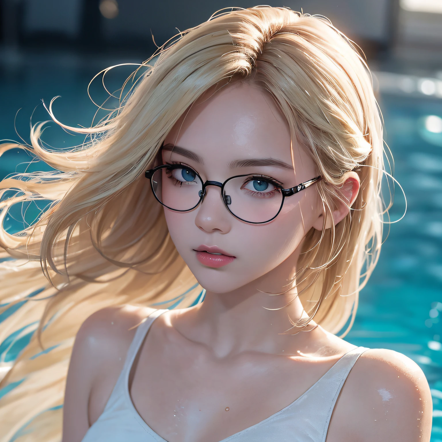 (in 8K, RAW Photos, of the highest quality, Masterpieces: 1.2), (Realistic, Photorealistic: 1.37), Highest Quality, Ultra High Resolution, light  leaks, Dynamic lighting, Slim and smooth skin, (Full body:0.8), (Soft Saturation: 1.6), (Fair skin: 1.2), (Glossy skin: 1.1), Oiled skin, 18 years old, In the deep sea、a large amount of foam、Swimming、Sparkling white blonde、Light shining、eye glasses