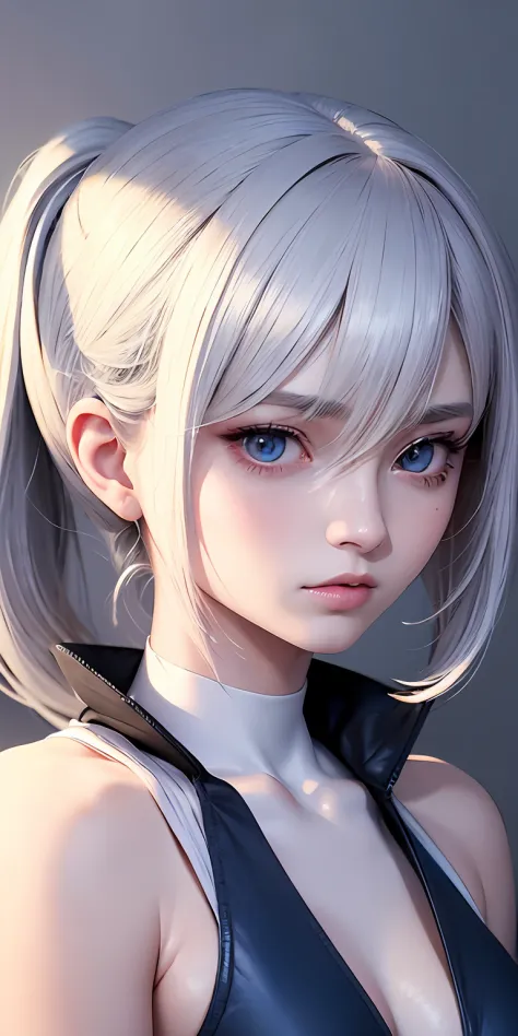 anime styled、One Person１７Beautiful woman of age、Moisturized eyes、ciri、a picture、androgynous hunnuman、oval jaw、Delicate features、Beautiful expression、The hair、Long bangs、long pony tail、Blue eyes with a beautiful glow、LDS Art