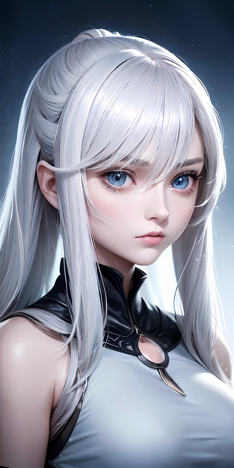 anime styled、One Person１８Beautiful woman of age、Moisturized eyes、ciri、a picture、androgynous hunnuman、oval jaw、Delicate features、Beautiful expression、The hair、Long bangs、long pony tail、Blue eyes with a beautiful glow、LDS Art