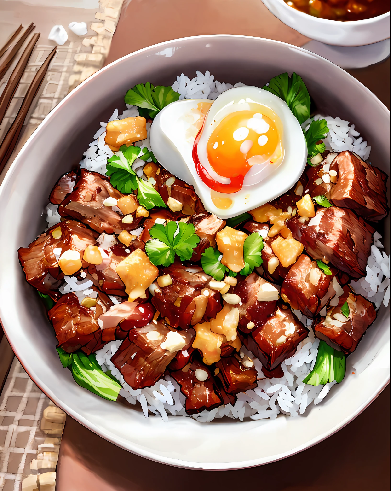 a bowl of braised pork rice, egg, vegetable, ((masterpiece)),illustration,high detail, soft lighting, delicious, colorful, aesthetically pleasing, studio lighting, trending