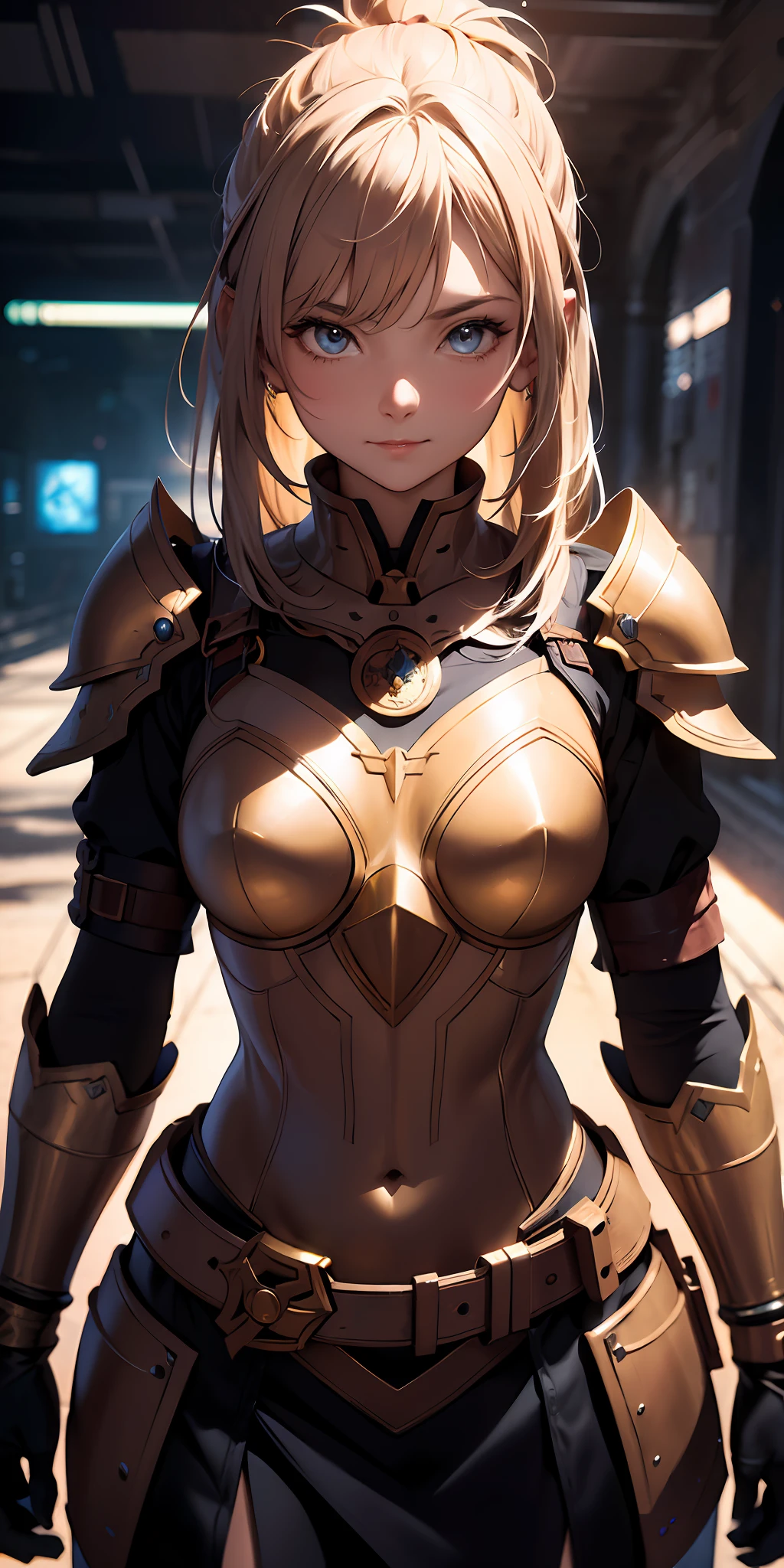 Western fantasy, A high resolution, (Masterpiece:1.4), A highly detailed, 1girll, From above, space, sitted, Knight armor, Sharp focus, (Cinematic lighting), (1girll), Slight smile，The 5 fingers of each hand are very detailed，
