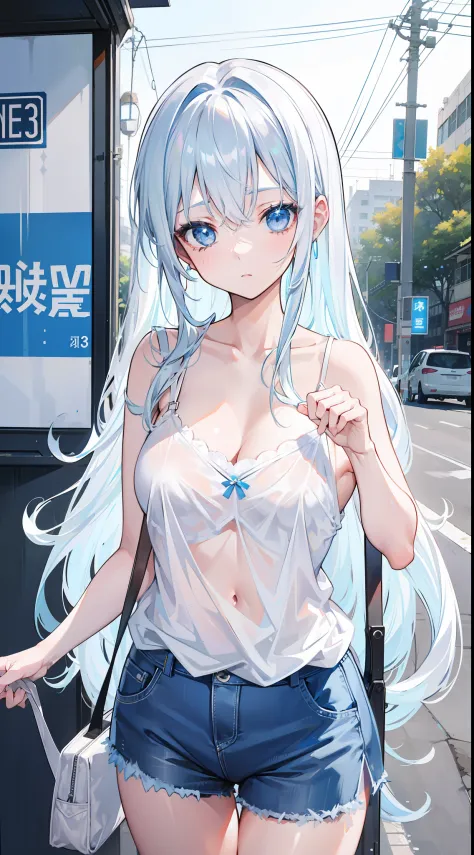 A super beautiful girl，long  white hair，Light blue camisole with soaked top，Cover your chest with your right hand，Blue thong，Bust 36D，Cool feeling，Korean style，full bodyesbian，Low saturation colors，Look into perspective，The background is a bus stop