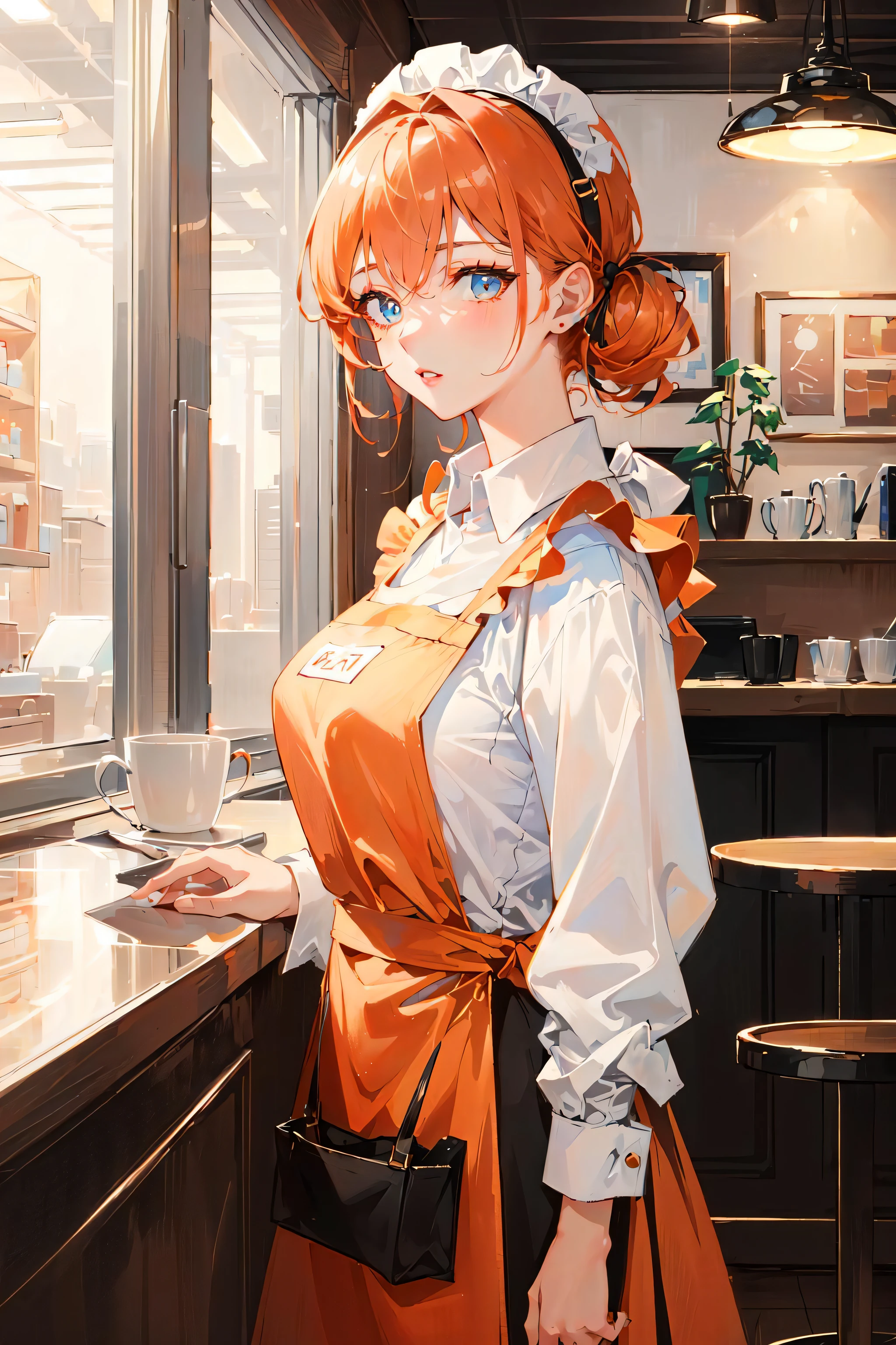 (masterpiece, best quality:1.4), ultra-detailed, beautiful lighting, perfect lighting, a woman working at a cafe, perfect face, detailed face, pink lips, glossy lips, makeup, expressive eyes, (orange hair, tied hair), (natural breasts), (white shirt, black apron:1.4), (badge, name tag),