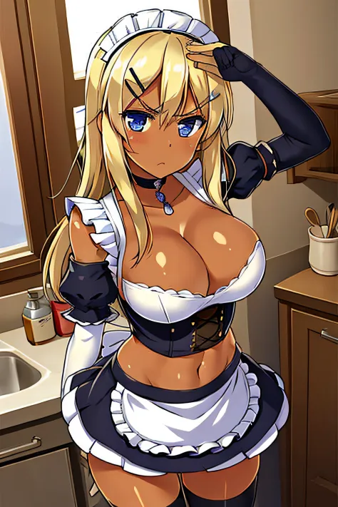 masterpiece, best quality, detailed face, detailed eyes, 1girl, solo, solo focus, HUGoldie, blonde hair, long hair, hairclip, (dark skin,) blue eyes, choker, midriff, (cleavage), (maid), black miniskirt, frilled skirt, puffy short sleeves, elbow gloves, (i...