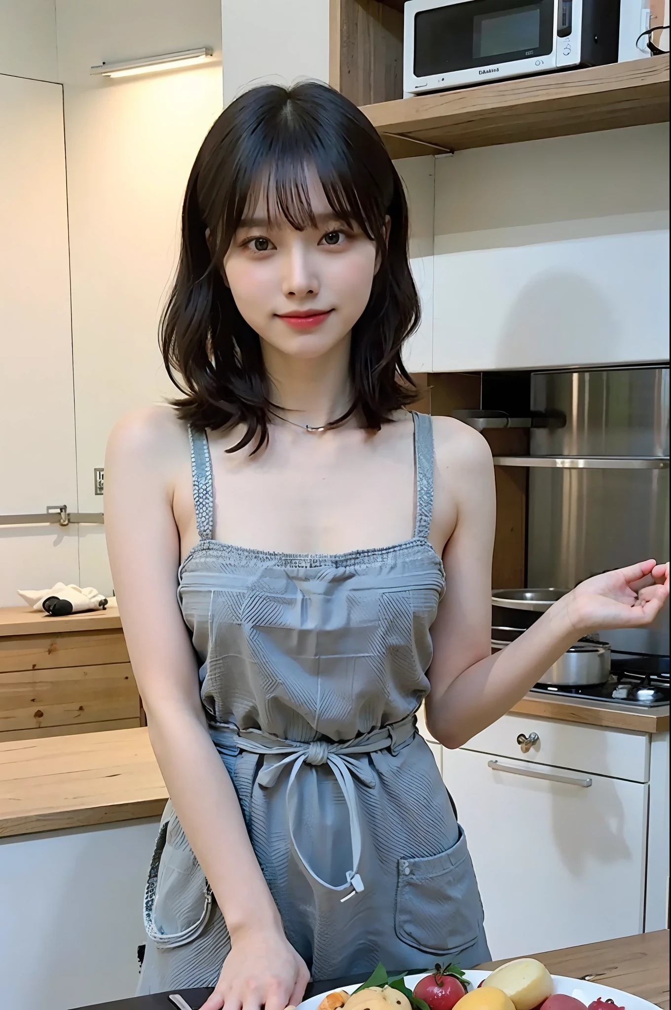 a woman is cooking、(kitchin_Apron:1.Wear 3)、Good Hand、4K、hight resolution、​masterpiece、top-quality、Cap:1.3、((Hasselblad photo))、Fine skin、foco nítido、(lighting like a movie)、Soft lighting、dynamic ungle、[:(详细的脸:1.2):0.2]、Medium chest、sweats streamed skin:1.2、(((In the kitchen))) A smile　Viewer's Perspective　Colossal tits　Beautiful body　Her hair is neatly tied