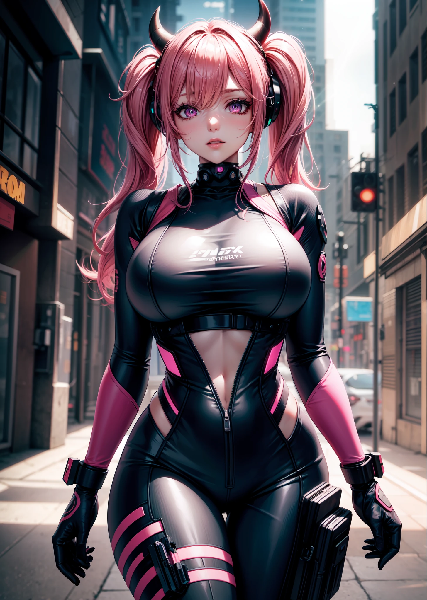 4k, twin tails ,Lens flare, pink hair ,mascara, eyeliner, god rays, 4k, 8k, best quality, masterpiece, hyper detailed, intricate detail, 1girl, solo, detailed, Detailed fuschia hair ++, detailed pink eyes ++, large breasts, raytracing, perfect shadow, highres, enhanced eyes,  huge breasts, cyberpunk, cyberwear, techwear, black horns, robot