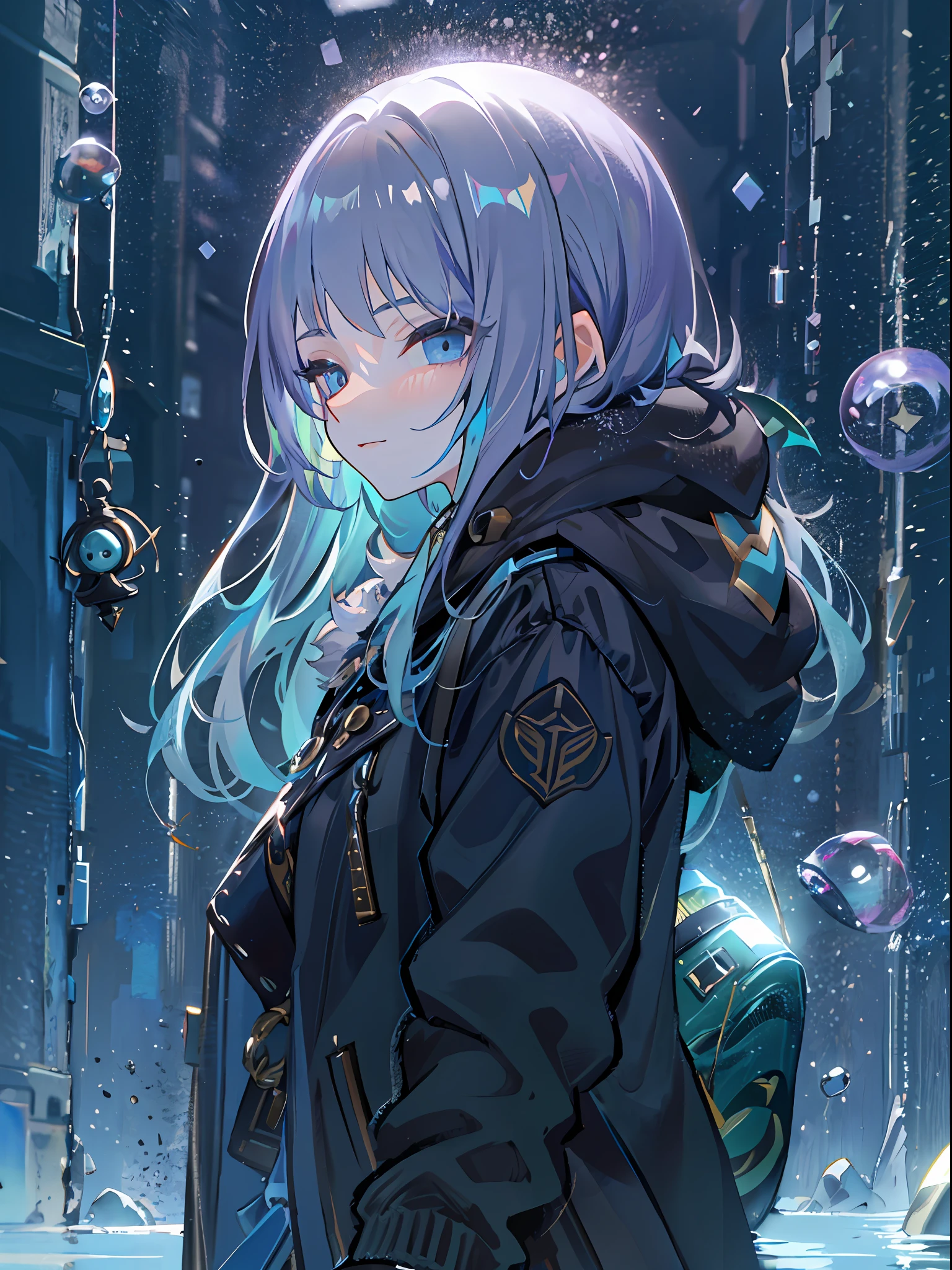 ((top-quality)), ((​masterpiece)), ((ultra-detailliert)), (extremely delicate and beautiful), girl with, 独奏, cold attitude,((Black jacket)),She is very(relax)with  the(Settled down)Looks,A dark-haired, depth of fields,evil smile,Bubble, under the water, Air bubble,bright light blue eyes,Inner color with black hair and light blue tips,Cold background,Bob Hair - Linear Art, shortpants、knee high socks