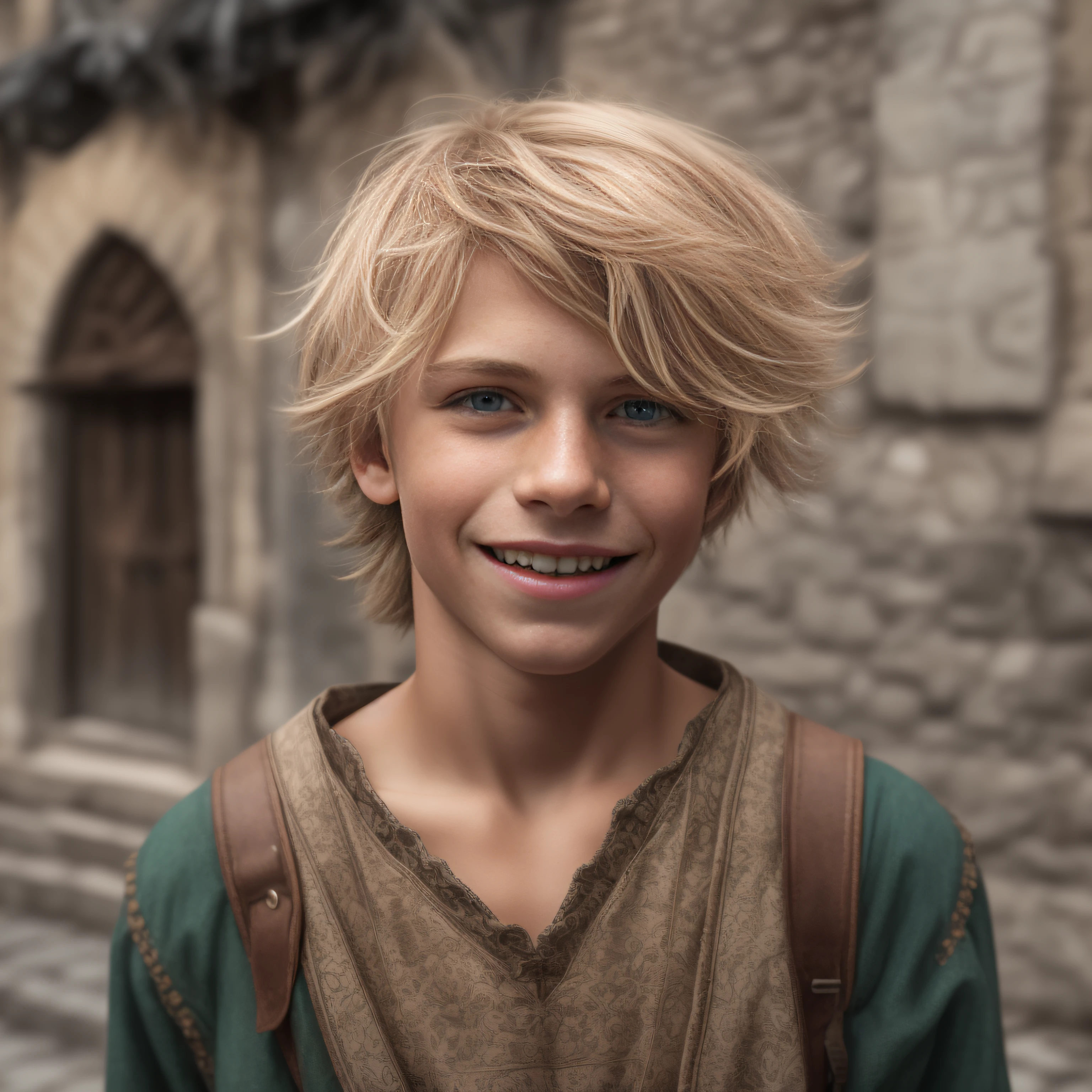 cinematic, photo, head and shoulder portrait photo, 1boy, solo, 14 years old medieval fantasy boy acrobat, ashen blonde hair, eye-length, medieval fantasy acrobat nice clothes, weird, odd, soft features, slightly crazy, troublemaker, intelligent look, crazy smile, one rotten front tooth, bags under the eyes, in a big medieval city, Canon EOS 5D Mark IV, historical, fantasy, hyper detailed, accurate textures, realistic, skin pores