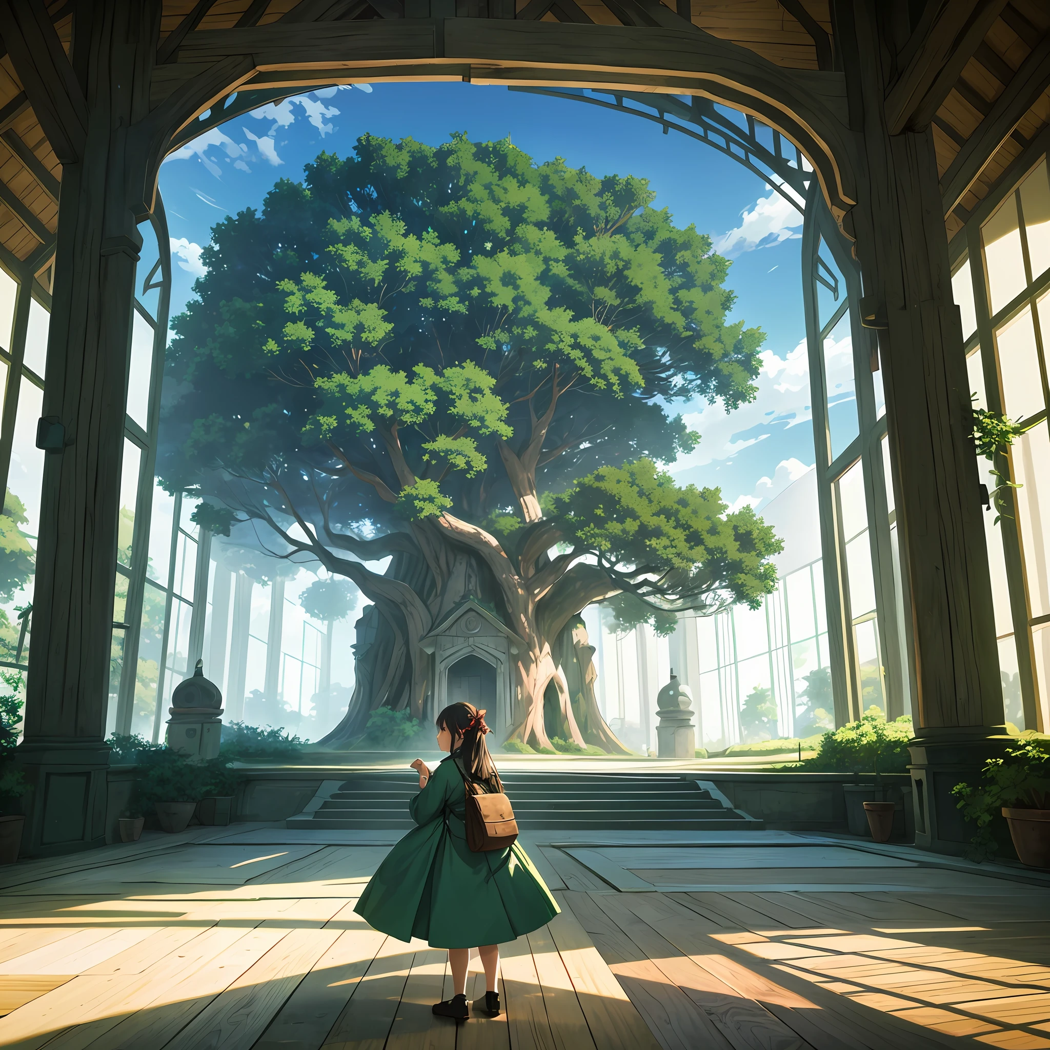 Anime girl in green dress standing in front of a tree - SeaArt AI