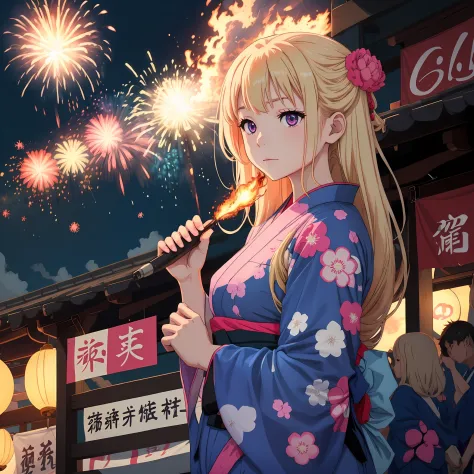 Light blonde haired anime girl with pale bluish violet eyes wearing blue pink japanese yukata under sky full of fire works alone...