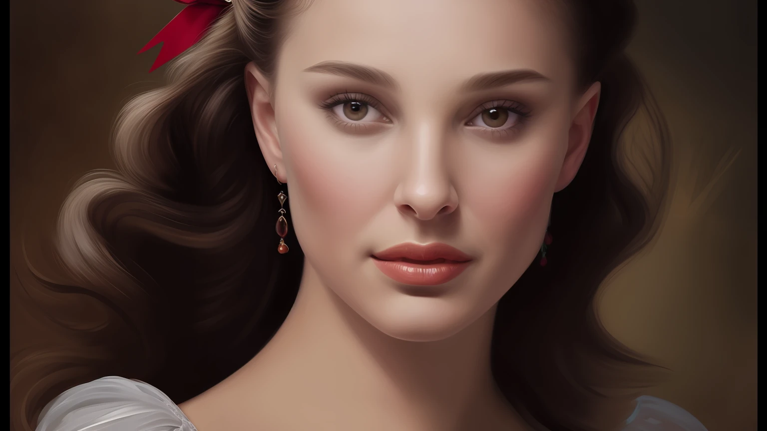 Painting of a woman with a red bow in her hair, gorgeous digital painting, glossy digital painting, detailed beauty portrait, elegant digital painting, stunning digital painting, master part! portrait of arwen, digital fantasy portrait, fantasy portrait art, stunning digital illustration, renaissance digital painting, sultry digital painting, fantasy art portrait, beautiful digital painting, realistic digital painting