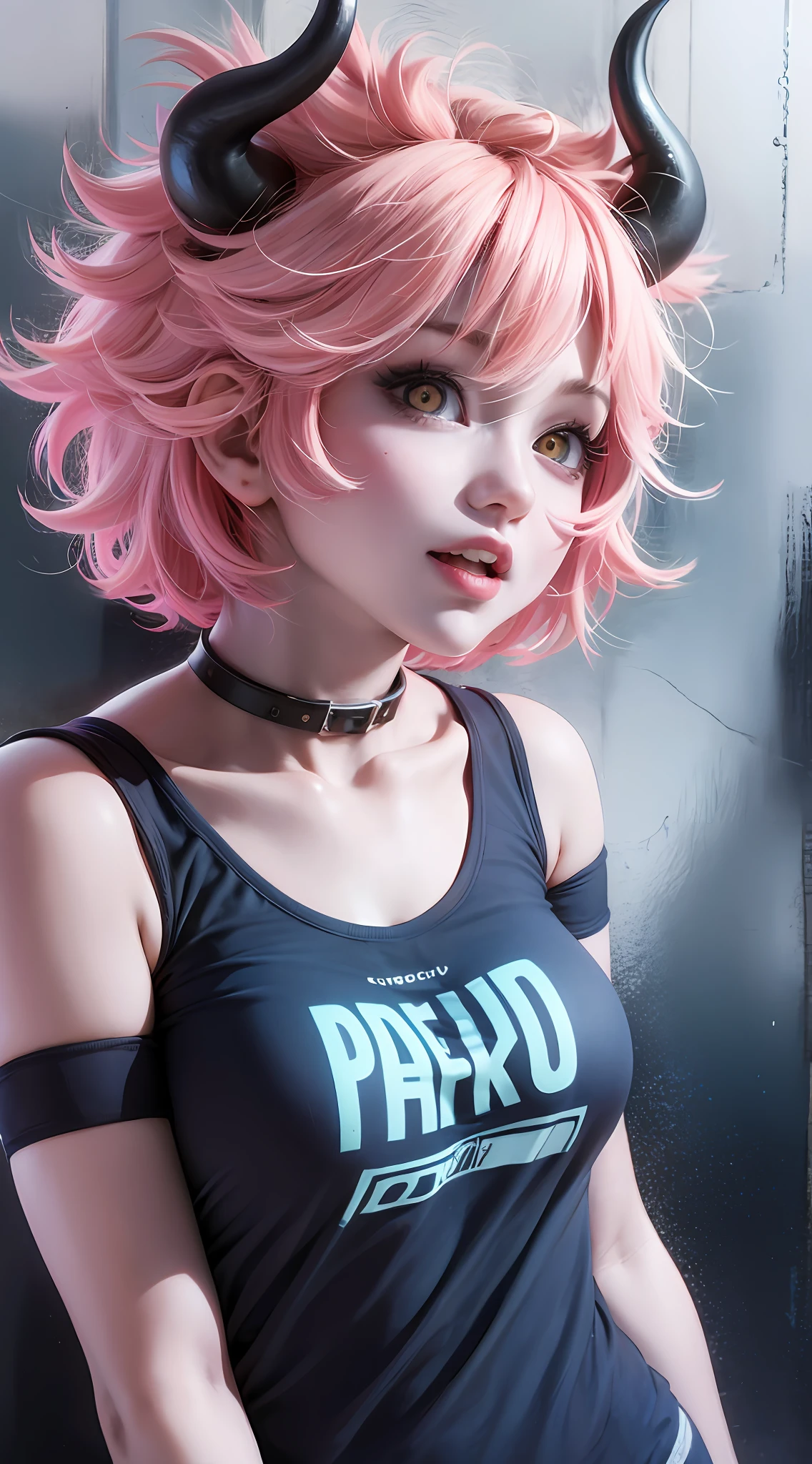 mina ashido, 1girl, solo, breasts, short hair, medium breasts, shirt, white background, collarbone, yellow eyes, upper body, pink hair, short sleeves, horns, teeth, colored skin, blue shirtteeth, happy, colored sclera, emphasis lines, black sclera, pink skin