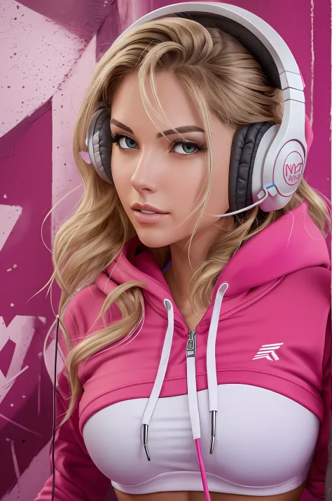 blonde gamer girl leaning into the camera, photo from front above, red hoodie, large white gamer headphones, large breasts, skin...