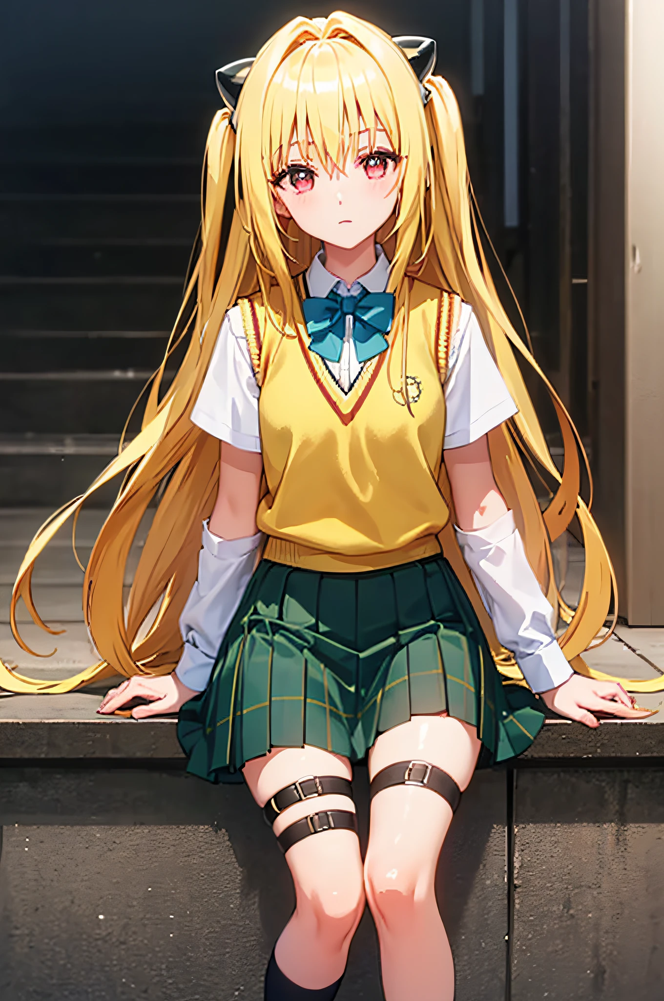 (masterpiece:1.6, best quality), (finely detailed beautiful eyes: 1.2), phyami, yamisch, 1girl, long hair, solo, school uniform, hair ornament, hair between eyes, two side up, blonde hair, very long hair, skirt, red eyes, thigh strap, sweater vest, plaid skirt, plaid, socks, two side up, hair ornament, pleated skirt, kneehighs
,