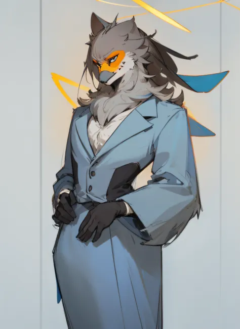 Swallow-like woman，Dark gray hair，blue gray，Closed expression，Character portrait，serious and dignified，Furry art，hairy chest，Wear a suit，Furry character，hairy bodies，furry neck
