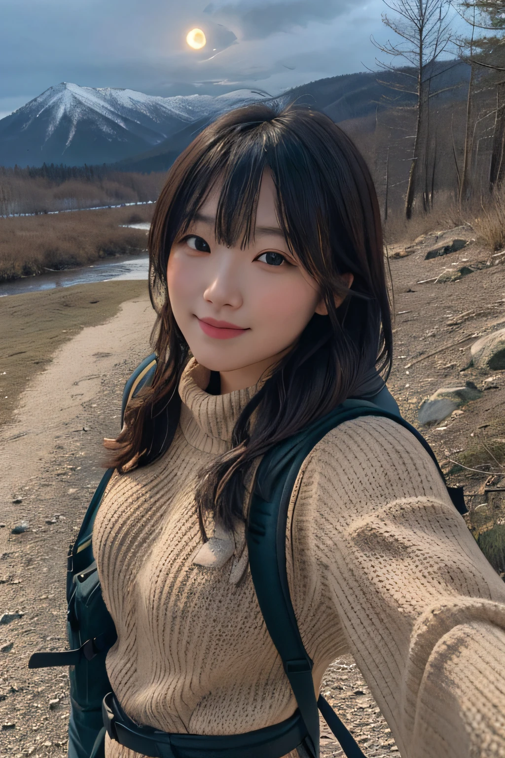 VeronicaCipher ((Upper body selfie、happiness)), ​masterpiece, top-quality, Ultra-detail, solo, Plein Air, (natta), mont, naturey, (stars, a moon) jolly, happiness, backsack, sleeping bag, Camping stove, water bottle, Mountain boots, gloves, Sweaters, flashlight, the woods, boulders, a river, lumber, smoke, shadowy, Contrasty, A clear sky, analog style (Look at the viewer:1.2) (Skin texture) (film grains:1.3), (Warm shades, Warm tones) :1.2), a closeup、ciinematic light、side lights、超A high resolution、Best Shadow、RAW、The upper part of the body、、Wear a pullover Kodak Vision 3、