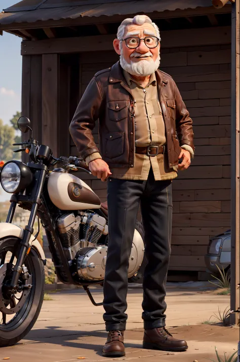 masterpiece, best quality, an old man with white beard and long brown hair, wearing a leather jacket and black jeans, standing beside his motorcycle