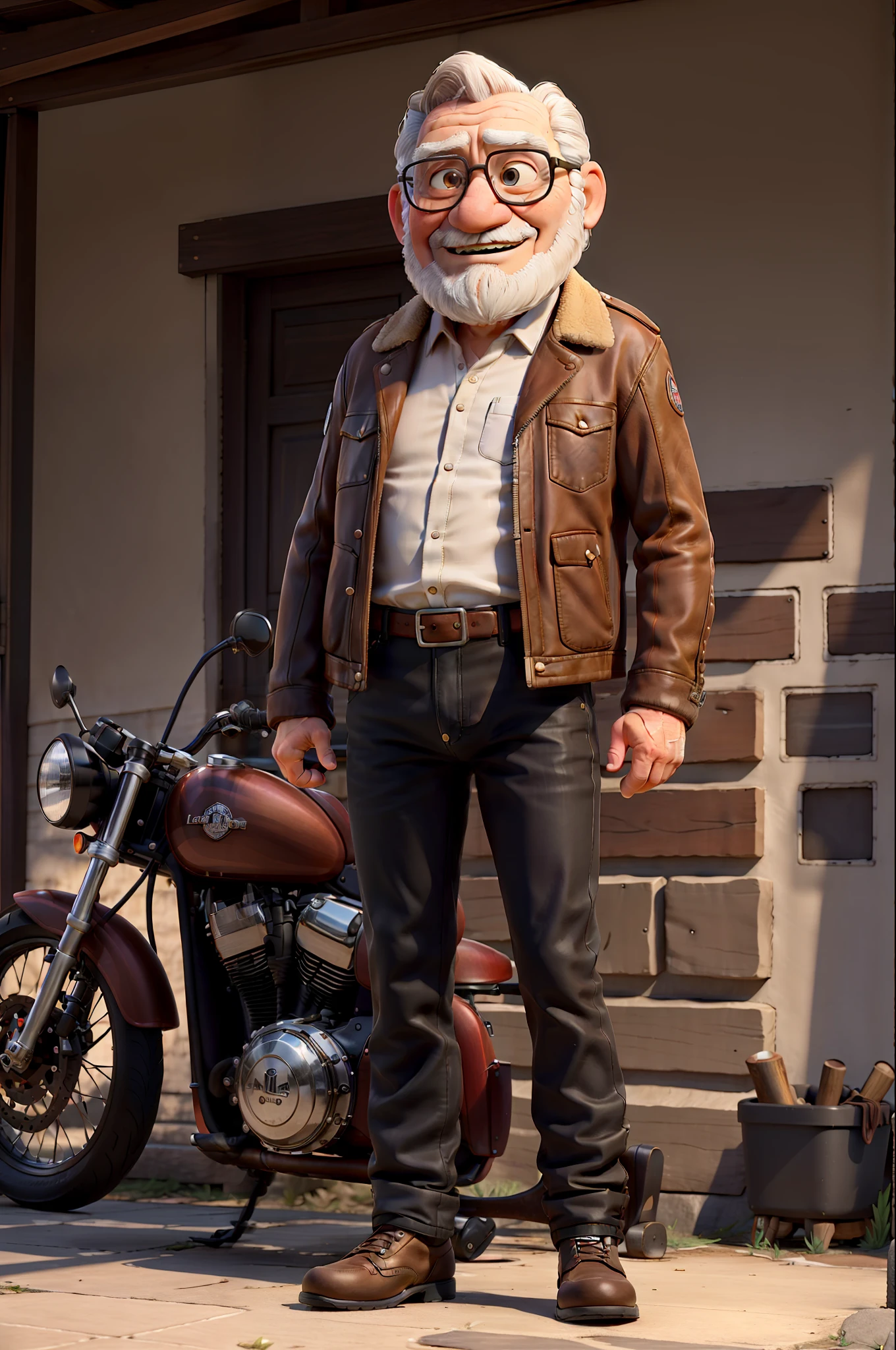 masterpiece, best quality, an old man with white beard and long brown hair, wearing a leather jacket and black jeans, standing beside his motorcycle