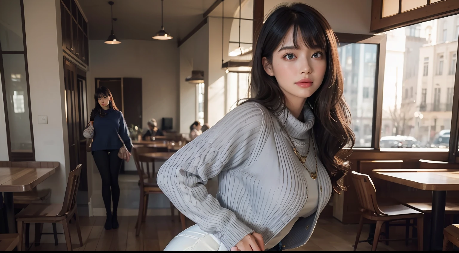 Masterpiece, Best quality:1.4), (modern times), (Cowboy shot), 1girll, Solo, angle of view, sfv, Stunning girlfriend, (standing:1.1), Dynamic pose, (White oversized sweater, knitted sweater:1.4), （Tight Yoga Pants，dark grey yoga pants：1.4），（Navy blue short jacket，jean jacket：1.4），long Brond Hair，By bangs，heart - shaped face，Elegant face，beauitful face，High detail face，Highly detailed skin，skin pore，sub surface scattering，（Blue eye details），realistic pupil，crisp breasts，A loving smile，looking at viewert，full blush，'s plump lips，holding a single coffee cup，at centre，coffee shop in background，the city street，Sunnyday, ventania, detailed back ground, depth of fields, atmosphric perspective, Volumetriclighting, Clear focus, absurd res, Realistic proportions, Good anatomy, (realisticlying, Hyper-realistic:1.4), 16K HD