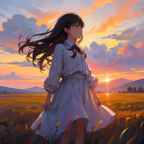 girl standing in field, closeup, portrait, clouds, sunrise
