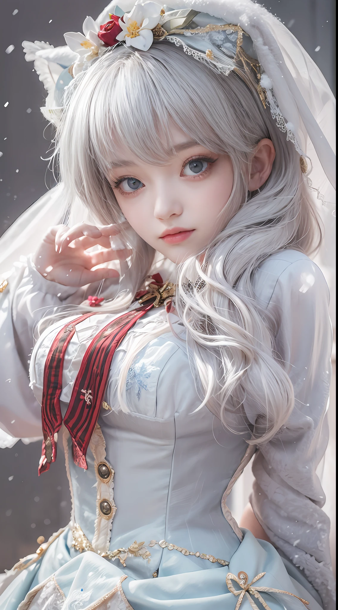 ((best qualtiy)), ((tmasterpiece)), (the detail:1.4), 3D,Ray traching,NVIDIA RTX,Hyper-Resolution,Unreal 5,Subsurface scattering、PBR Texture、post-proces、Anisotropy Filtering、depth of fieldaximum definition and sharpness、 high resolution,(Gorgeous Lolita costume)， Beautiful eyes, White hair, ringed eyes, (Cloak，snowfield，Heavy snowfall)