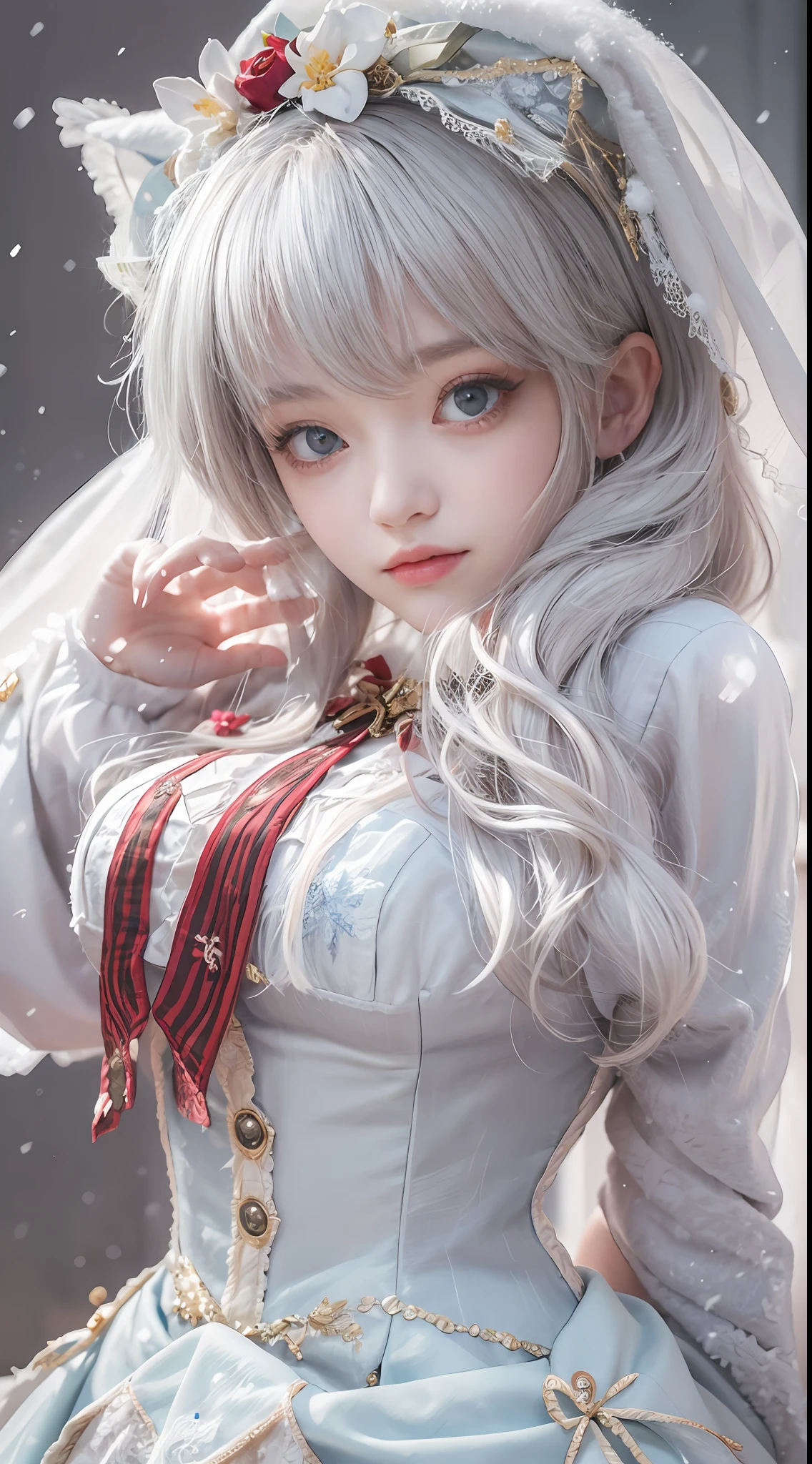 ((best qualtiy)), ((tmasterpiece)), (the detail:1.4), 3D,Ray traching,NVIDIA RTX,Hyper-Resolution,Unreal 5,Subsurface scattering、PBR Texture、post-proces、Anisotropy Filtering、depth of fields、maximum definition and sharpness、 high resolution,(Gorgeous Lolita costume)， Beautiful eyes, White hair, ringed eyes, (Cloak，snowfield，Heavy snowfall)