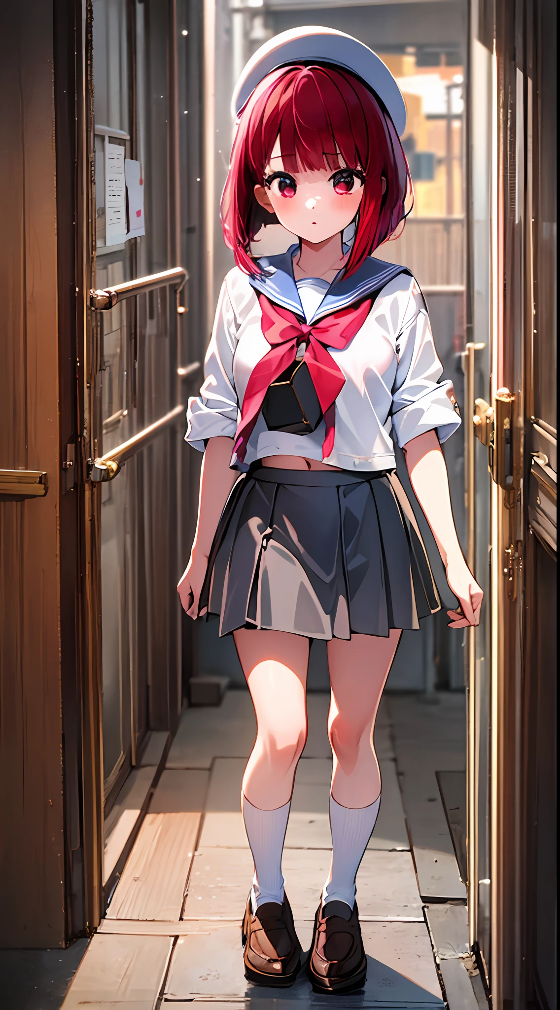 Winter, main girl is beautiful and cute, traditional uniform, navy blue sailor suit, "neat and bright uniform coordination", full body, full body illustration, best illustration, realistic and elaborate uniform, high school uniform, elementary school student, ((highest quality)), ((masterpiece)), (detail: 1.4), anatomical, award-winning concept art, beautiful, fine details, portrait, looking viewer, (full body view) ), 1 girl, full body, solo, 6 years old, elementary school student, child actor, red hair, red hair, short hair, red eyes, big eyes, cute underwear, panties, long skirt, silk material panties, skirt lift, blush, classroom, belly button out, clothes lift, easy background, lifting clothes, white shirt, uniform, sailor suit, Japan cute uniform, look away, loli, elementary school, The main girl is beautiful and cute, loli, baby face, cute, young, young appearance, fantastic visual depiction, professional effect, beautiful girl, petite girl, unevenness, absurdity, unevenness, the oldest girls' school Japan based on Christianity along with the girls' school for uniform, "very cute with traditional uniform", "very cute sailor suit for both summer and winter clothes", loafers, red hair, Red eyes, traditional uniform, neat and clean coordination, "In line with our school's educational policy of "nurturing independent women", the beauty of intelligent and dignified women is expressed in uniforms.