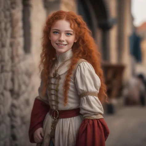 cinematic, photo, head and shoulder portrait photo, 1girl, solo, 13 years old medieval fantasy girl servant, ugly, hideous, curly fuzzy long voluminous red hair, many freckles, medieval fantasy servant clothes, friendly smile, in a big medieval city, Canon...