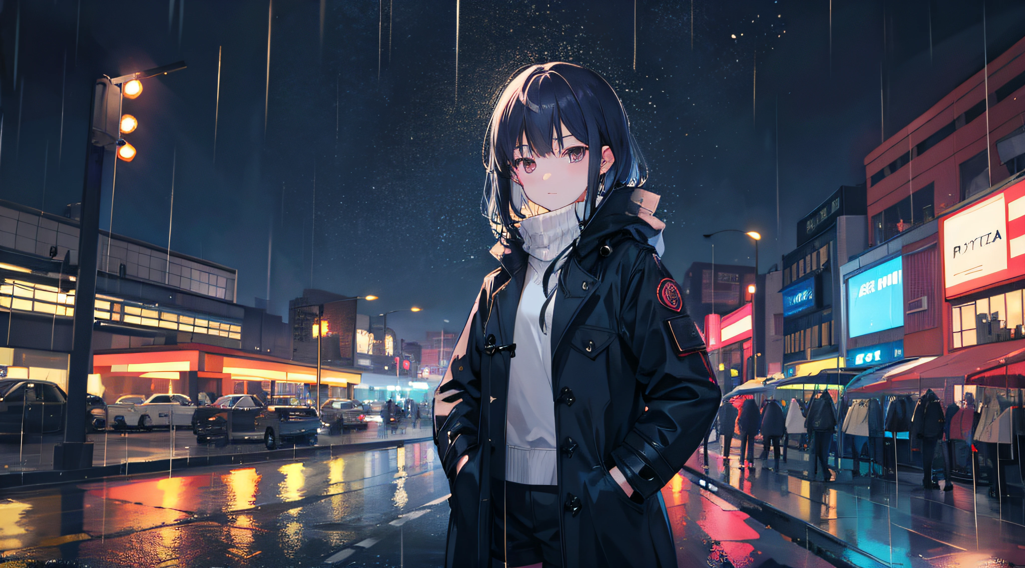 1girl, Night City, rain, coat, hands in pockets