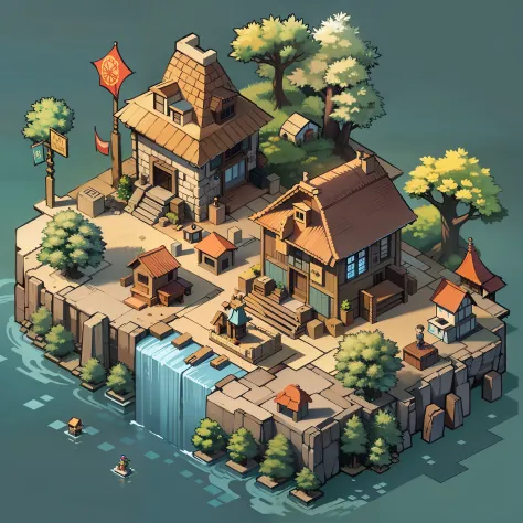 a cartoon style illustration of a small village on a small island, isometric island in the sky, isometric 2 d game art, isometric game art, isometric view. game rpg, fantasy game art style, isometric pixel art, stylized game art, isometric pixelart, an iso...
