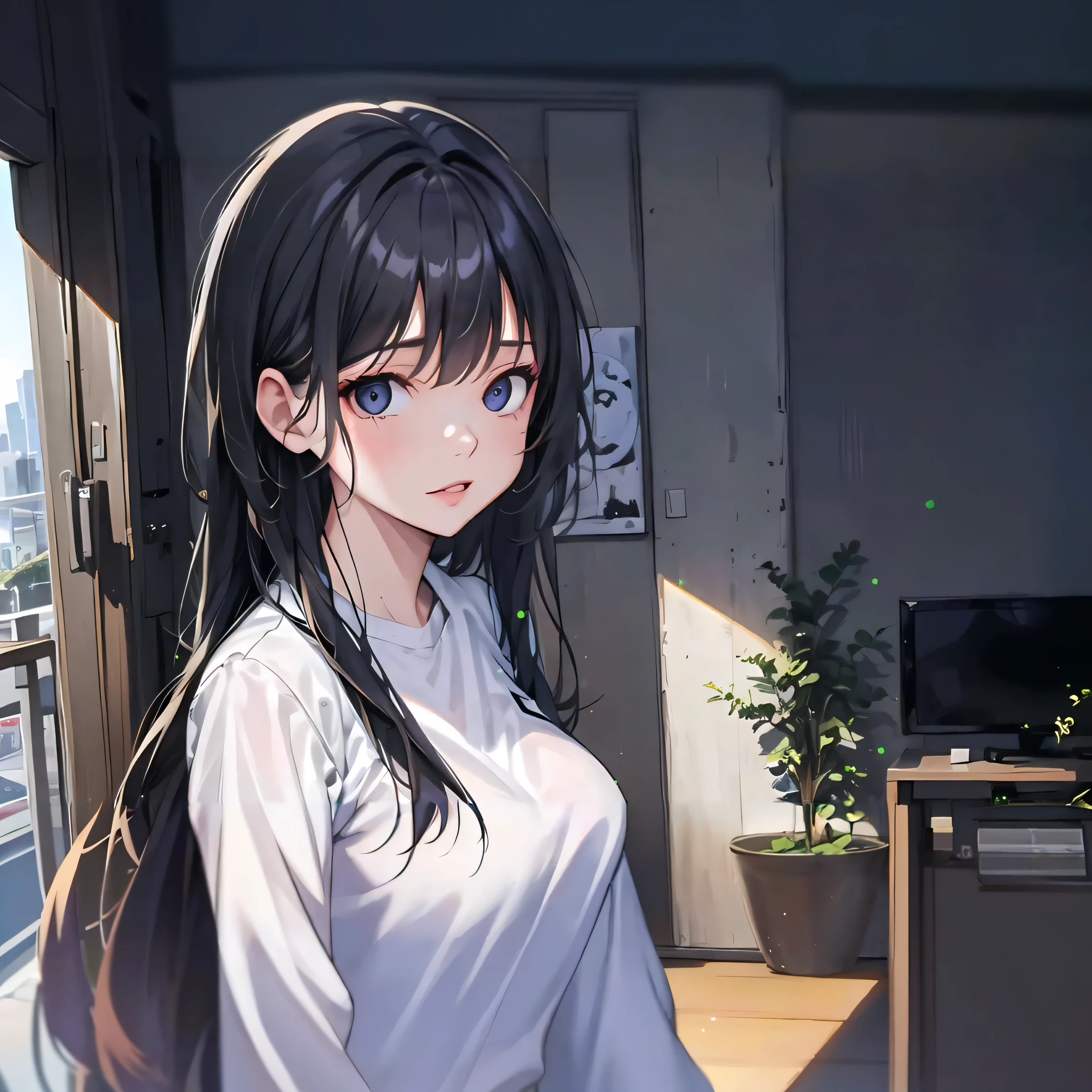 Anime girl with long black hair and blue eyes standing in the room, style of anime4 K, Smooth anime CG art, Anime style. 8K, realistic anime artstyle, attractive anime girls, seductive anime girls, 4k manga wallpapers, Realistic anime 3 D style, 4K anime wallpaper, Beautiful anime girl, Realistic anime art style, Realistic young anime girl
