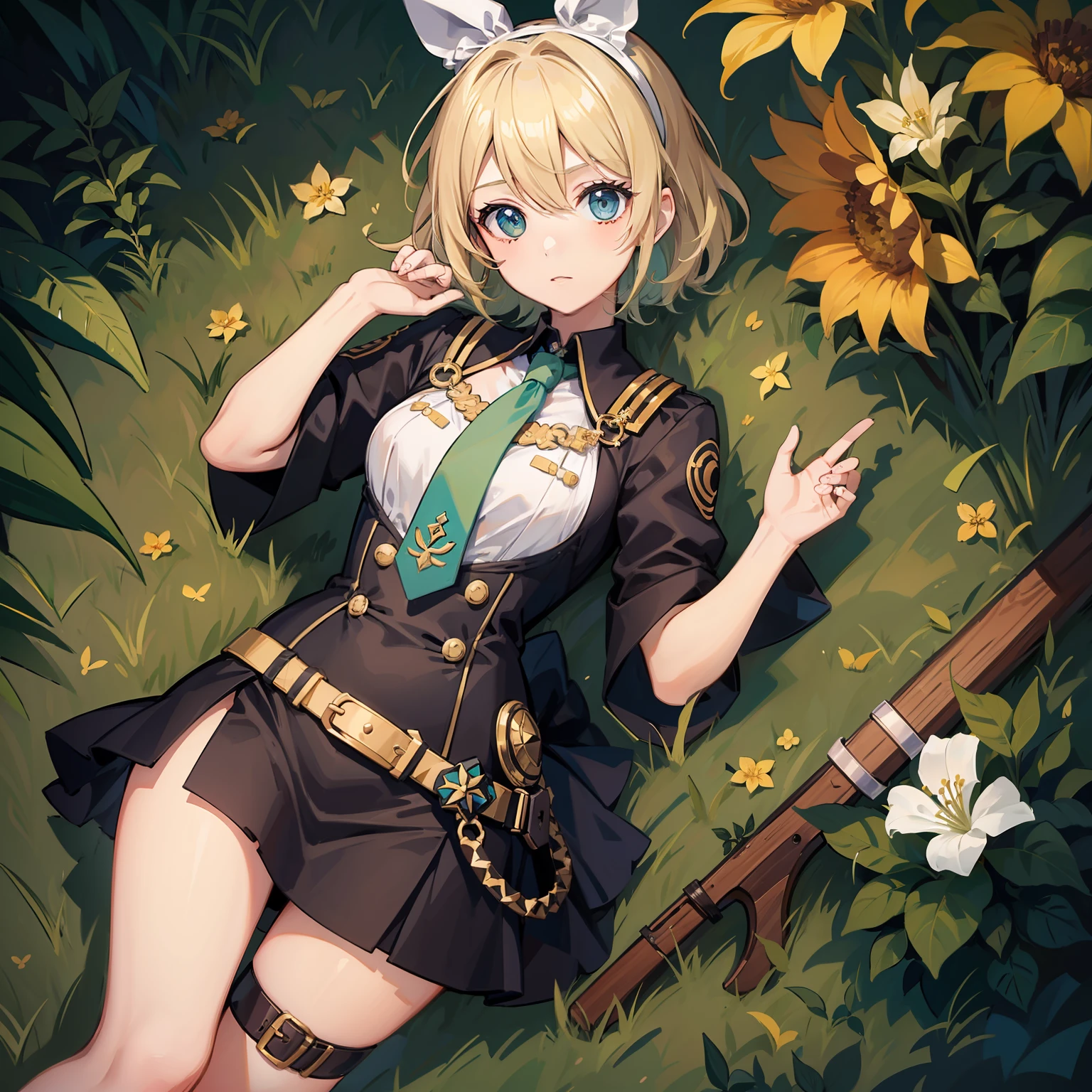 Kagamine Rin with an adorable and fascinating outfit inspired by the Astra Militarum. Wears a unique, feminine version of the combat uniform, with delicate and stylized details that highlight its charm. Instead of dull colors, Her suit features soft, pastel tones., like a soft mint green and bright gold, that match perfectly with her yellow hair.