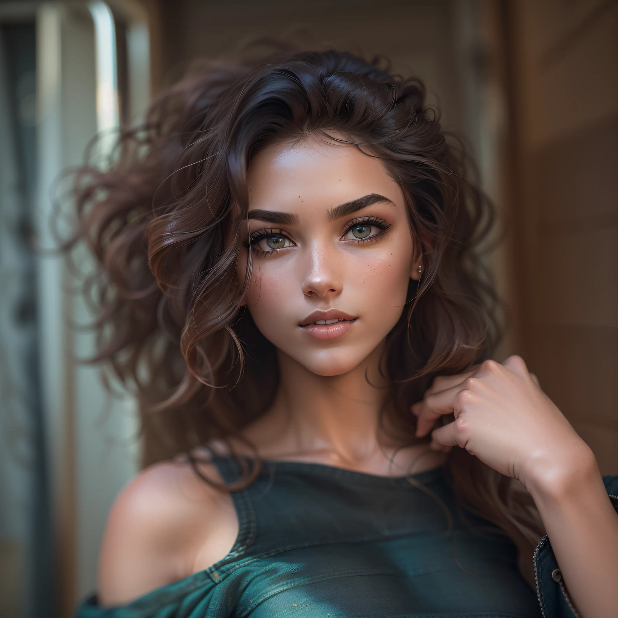 Foto de retrato de rostro completo de una mujer europea de 25 años, ..CRUDO, mujer bonita, labio de fresa semiabierto, hoyuelos, expresión melancólica, (cabello castaño con ondulado extra largo), ((cara detallada)), ((características faciales detalladas)), (piel fina detallada), piel palida, ambiente de megacidade cyberpunk, (color frio), húmedo, húmedo, reflexión, (masterpieceShot com Canon EOS R5 (detalle) (fotos realistas) (detalles detalhados) mola a 50mm |, F/2.8,  HDR, (8k) (papel de parede) (iluminación cinematográfica) (iluminación dramática) (enfoque nítido) (complejo), fotografía ..CRUDO, fotografía ..CRUDO, fotografía gigachade, pose de cámara, jeans por lo tanto, brazo trasero, 8k hd, DSLR, alta calidad, película de grano, Fujifilm XT3, Foto de stock de película 4 Cámara Kodak Portra 400 F1.6 lentes de colores intensos Texturas ultrarrealistas Iluminación espectacular Unreal Engine Art Station Tendencias Cinestill 4B8r3B4p7yhRXuBWLqsQ546WR43cqQwrbXMDFnBi6vSJBeiF8tPW85a7r7DM961Jvk4hdryZoByEp8GC8HzsqJpRN4FxGM9mess, músculos, Venas reventadas, Cuentas, (( por lo tanto & vestido morado sexy)), (cola de caballo, 1 casco grande),