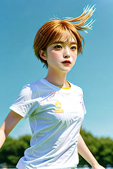 Girl with short hair, sunny and confident, running on grass, wearing white in shirt, the sky is blue, and there is a Shiba Inu b...