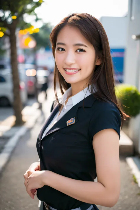 1girl, happy, smiling, (at street:1.2), ((office uniform:1.2)),night, RAW photo, (photorealistic:1.37, realistic), highly detail...