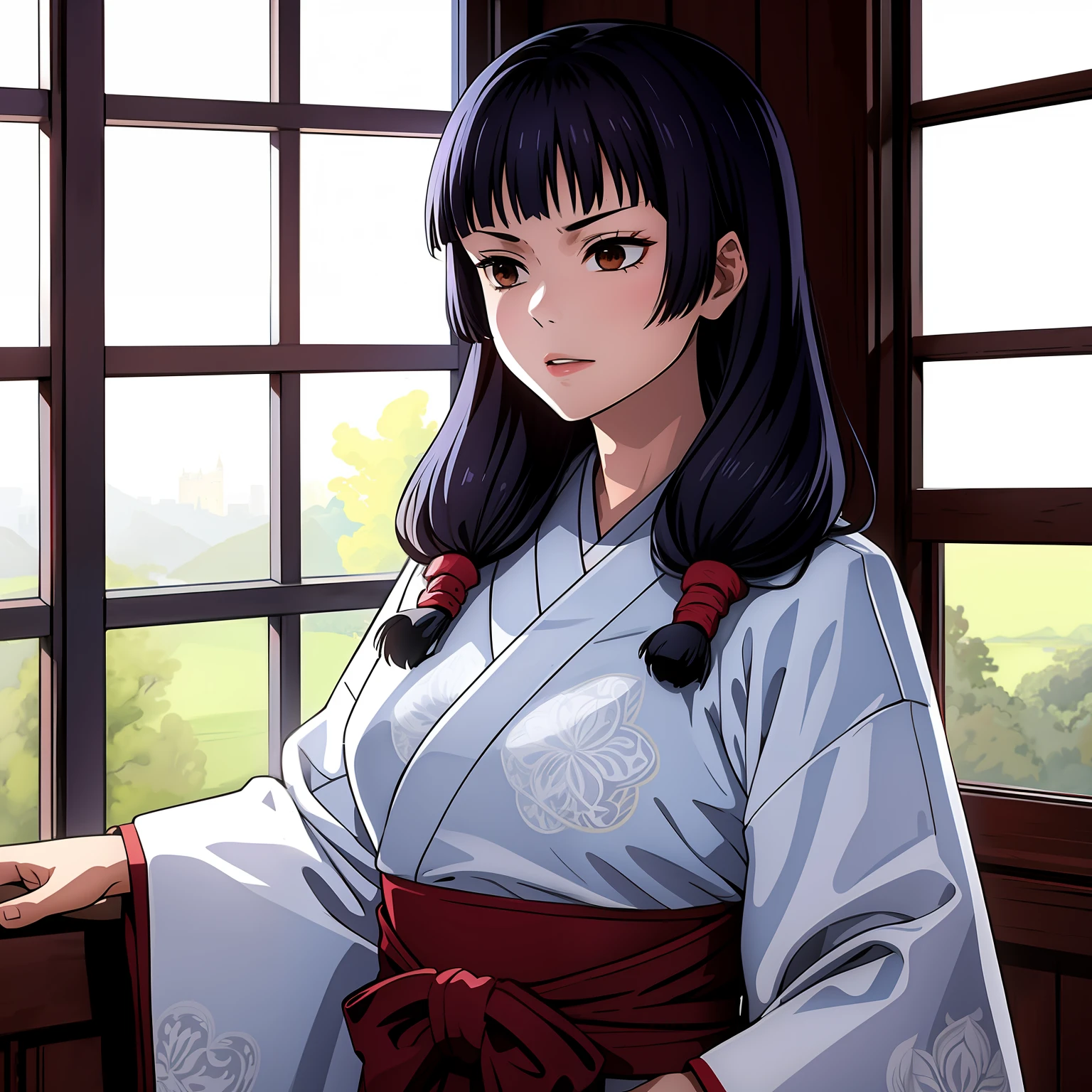 masutepiece, ((hyper detailed background, Delicate pattern, intricate detailes)), (Highly detailed, Fine details), Best Quality, Beautiful lighting, ((medium breasts, Slim Girl)), songstress, 1girl in, Solo, Black hair, Long hair, Brown eyes, Komono, (Twin-tailed:1.2), shrine maiden, Blunt bangs, Red Hakama, intricate detailed background, Inside, castle room environment, a medieval castle, Gray walls, window, bookshelf,