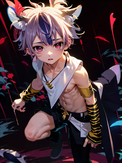 Anime boy in shorts，There are tiger tails and tiger tails on the arms, epic 8 k hd anime shot, style of anime4 K, detailed anime character art, Anime art wallpaper 8 K, Anime style. 8K, 4K anime wallpaper, Anime art wallpaper 4k, Anime art wallpaper 4 K, D...