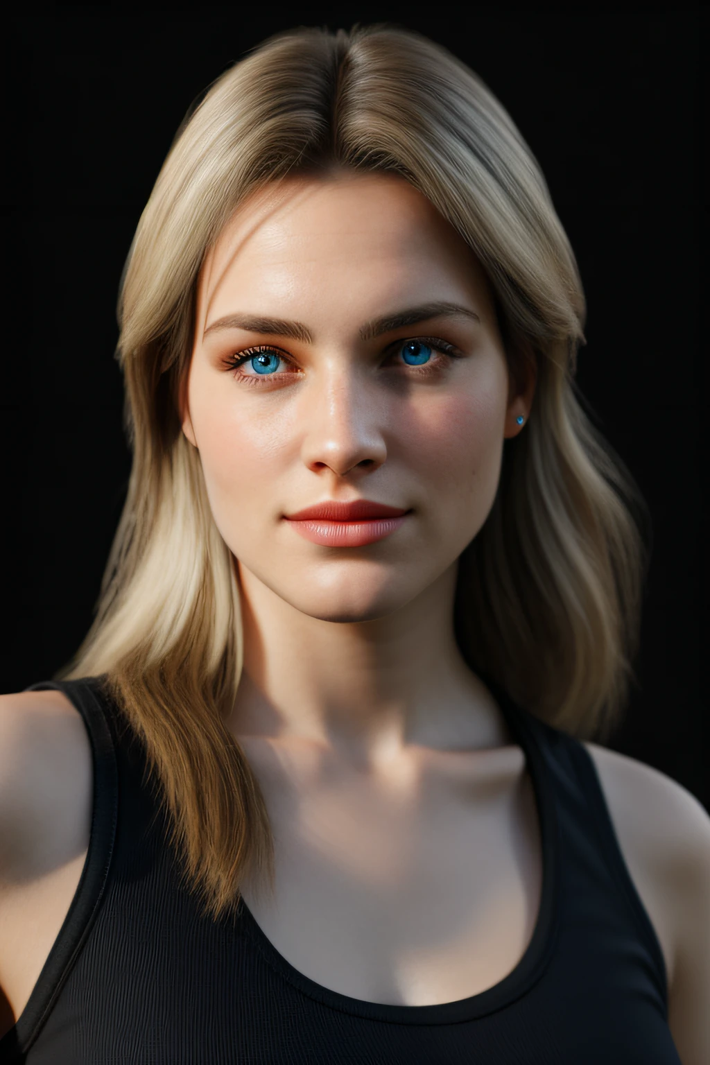 Meisterwerk, beste Qualität, highres, 1 Mädchen, Helena, schönes Mädchen, langes blondes Haar, Transparenter Hintergrund, schwarzes Tanktop, brustig, groß , niedliches Gesicht, 4K fotorealistische Unreal Engine