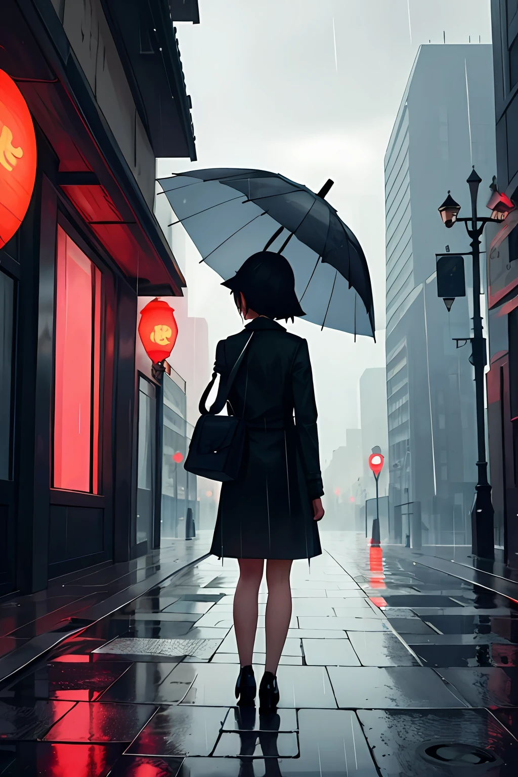 Meisterwerk,beste Qualität,1 Mädchen, Stadt,Landschaft,Regen,Regenschirm,hinterrücks