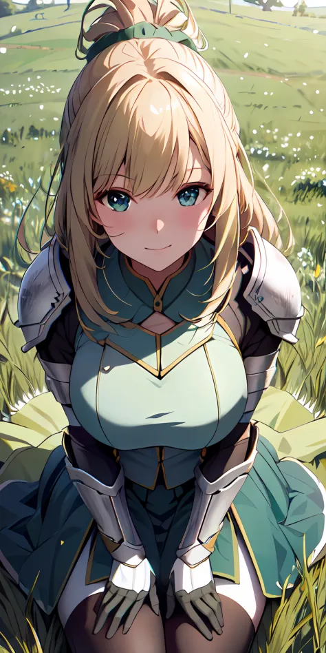 grassy fields， A high resolution, (巨作:1.4), A highly detailed, 1girll, From above, space, ride horse, Bright Light Armor, Sharp focus, (Cinematic lighting), (1girll), Slight smile，The 5 fingers of each hand are super detailed，