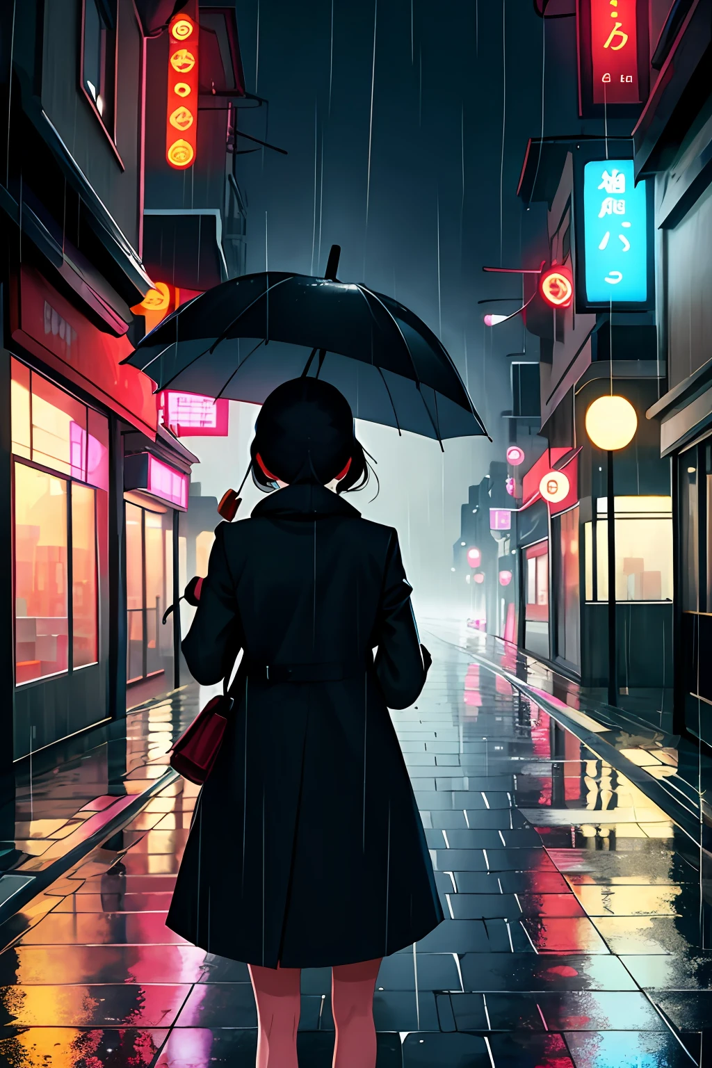 傑作,最高品質,1人の女の子, 市,風景,雨,傘,背後から