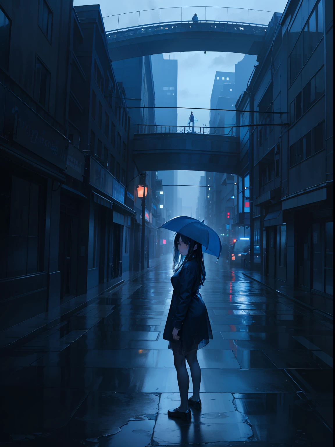 phazul, cenário, sem humanos, paisagem,  (obra de arte,melhor qualidade:1.4), tema azul, cidade, crepúsculo, 1 garota, chuva,tiro de vaqueiro, fechar-se,