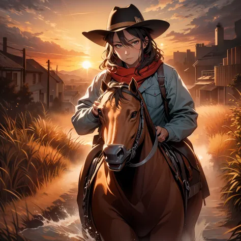 Red, dark red, light red, prairie wild west,oil painting of a lone cowboy riding in the distance with the sun setting behind him