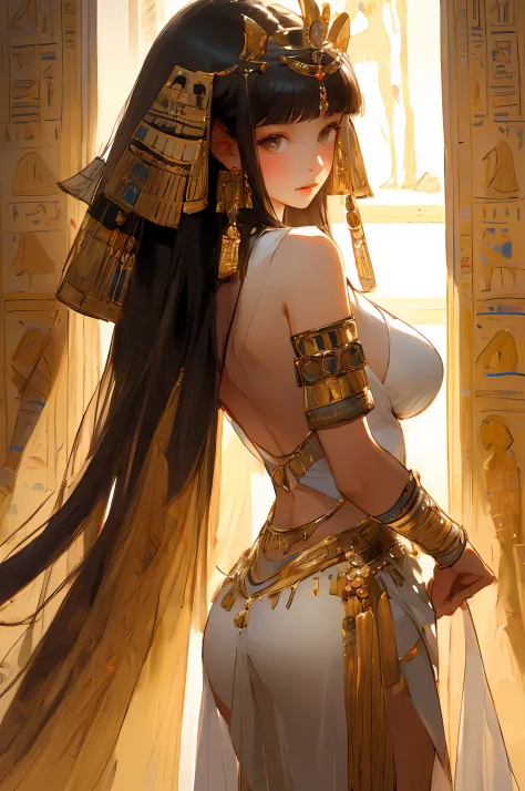 (Masterpiece:1.2), (Best quality:1.2),1个Giant Breast Girl，An Egyptian princess，10years old, brightskin,,Bigboobs，Young，Cocked buttocks，Egyptian attire，By bangs, long whitr hair, egyptian style，ornate backdrop，The upper part of the body