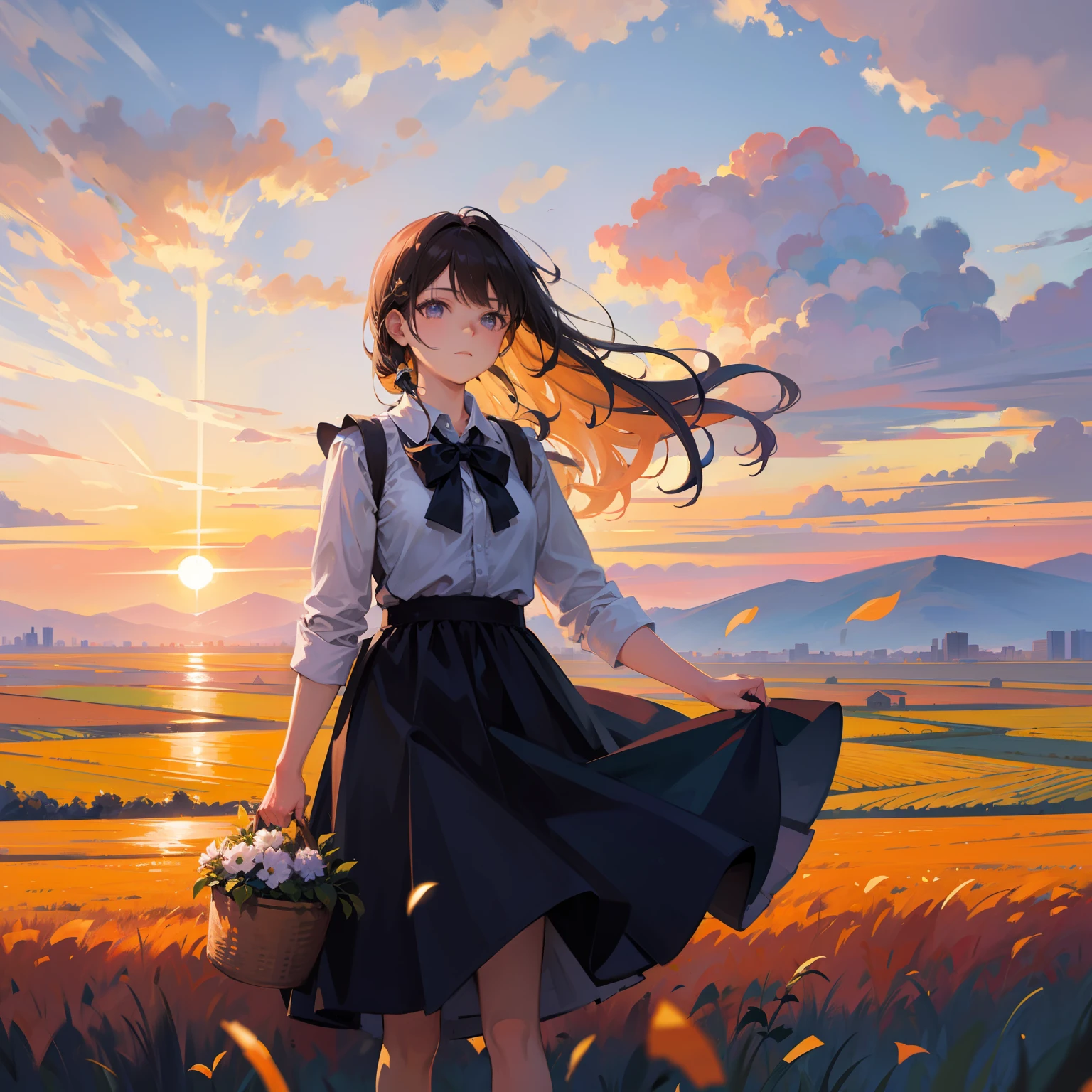 girl standing in field, closeup, portrait, clouds, sunrise